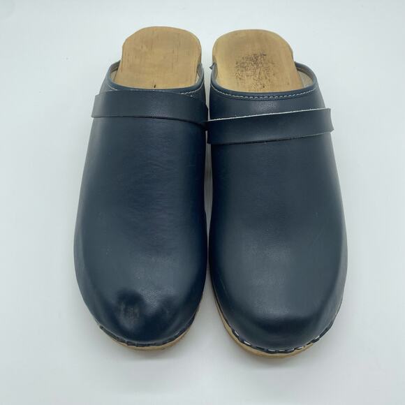 Kerstin Adolphson Handmade Women 10 Navy Blue Clogs Wooden Leather Made Sweden - Picture 5 of 9
